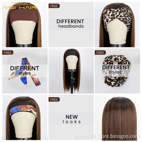 Aisi Hair Long Silky Straight Highlight Headband Wig Synthetic Hair Highlight Brown Headband Wigs For Black Women